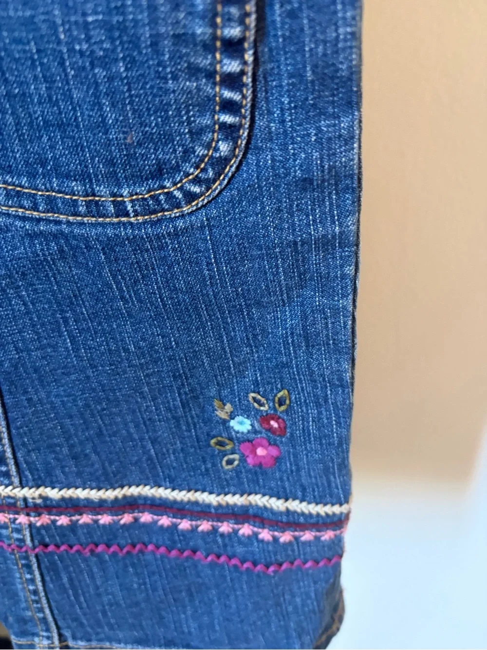 Vintage OshKosh B'gosh Denim Pinafore Dress with Hem Embroidery 6T